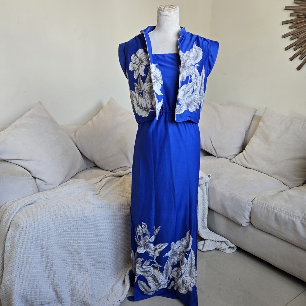 Vtg 1970s Royal Blue Floral Maxi Dress & Cropped Vest Two‎ Piece Set Boho Resort